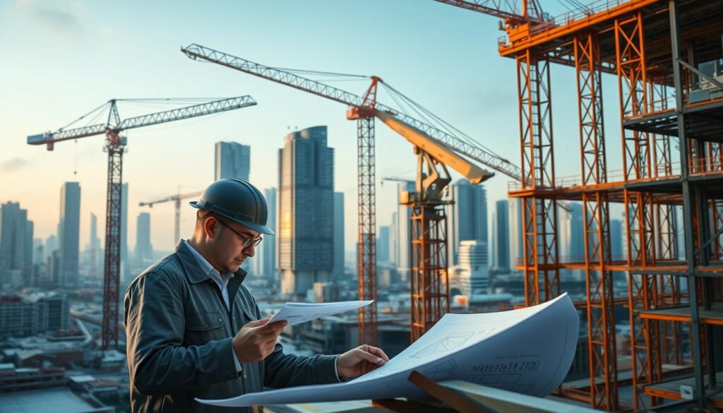 A bustling construction site, where the future of civil engineering unfolds. In the foreground, a team of engineers scrutinize blueprints, their brows furrowed in concentration, as they harness the power of AI-driven simulations to optimize the design. Towering cranes sway gracefully, their movements guided by advanced algorithms that maximize efficiency and safety. In the middle ground, a cutting-edge robotic arm seamlessly welds steel beams, its every motion choreographed by machine learning models. The background is a panorama of towering skyscrapers, their sleek lines and intricate shapes a testament to the transformative potential of AI-powered design. Soft, warm lighting illuminates the scene, creating an atmosphere of innovation and progress.