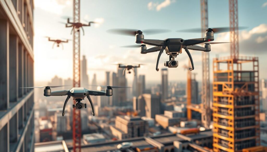 A bustling construction site, with a fleet of advanced drones soaring overhead. In the foreground, a drone equipped with high-resolution cameras and sensors meticulously inspects the structural integrity of the building, its movements precise and efficient. In the middle ground, another drone hovers near a crew of workers, relaying real-time data and instructions to optimize their workflow. In the background, a panoramic view of the city skyline, the drones' sleek silhouettes contrasting against the gleaming glass and steel of the skyscrapers. The scene is bathed in warm, golden light, conveying a sense of progress and innovation in the world of construction management.