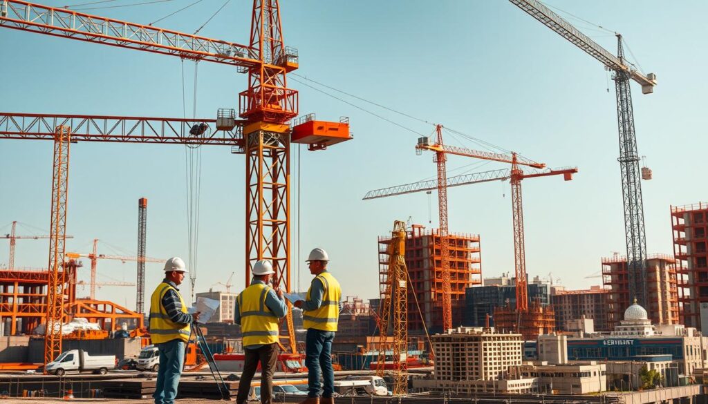 A bustling construction site with civil engineering specializations in the foreground. In the center, a towering crane lifts a steel beam, symbolizing structural engineering. Nearby, a team of surveyors examines blueprints, representing geomatics engineering. In the background, a group of architects and urban planners discuss a model of a sustainable city, showcasing transportation and environmental engineering. The scene is illuminated by warm, natural lighting, creating a sense of progress and collaboration within the civil engineering field.