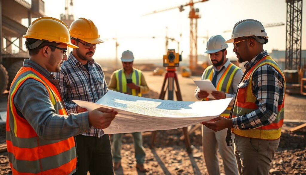 A bustling construction site with civil engineers collaborating on blueprints and models, discussing plans for a new bridge design. The foreground features engineers in hard hats examining a 3D-printed scale model, while in the middle ground, surveyors use advanced surveying equipment to map the terrain. In the background, cranes and heavy machinery stand ready to begin the infrastructure project. Warm, natural lighting casts dynamic shadows, and the composition emphasizes the teamwork and technical expertise required for successful public works engineering.