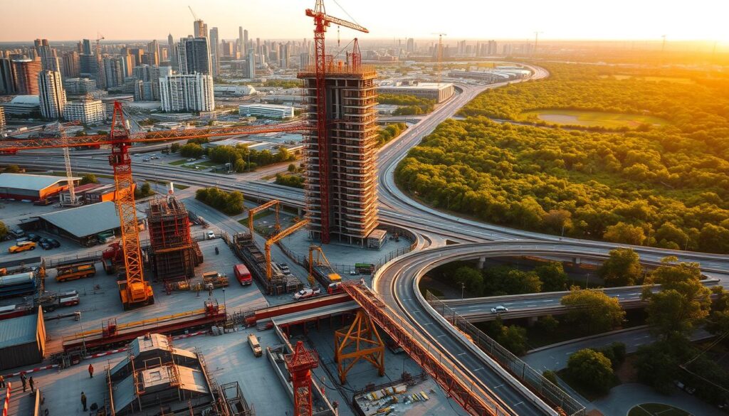 A bustling construction site, with cranes and heavy machinery at work, erecting a modern high-rise building against the backdrop of a vibrant city skyline. The scene is illuminated by warm, golden-hour sunlight, casting long shadows and creating a sense of depth and scale. In the foreground, workers in hard hats and reflective vests move with purpose, overseeing the intricate process of infrastructure development. The middle ground features a network of roads, bridges, and utility lines, connecting the new building to the established urban fabric. In the distance, a lush, verdant park provides a natural contrast to the man-made structures, hinting at the integration of green spaces within the community. The overall atmosphere conveys a sense of progress, growth, and the transformation of the urban landscape.