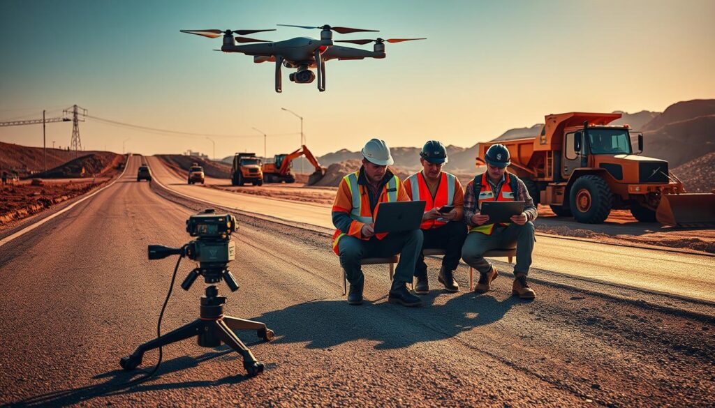 A bustling construction site, with engineers and technicians operating sophisticated pavement engineering equipment. In the foreground, a high-resolution 3D scanner meticulously captures the road surface, while a drone hovers overhead, capturing aerial imagery. In the middle ground, a team of specialists analyze the data on rugged, weatherproof laptops, using specialized software to identify problem areas and plan targeted rehabilitation strategies. In the background, heavy machinery prepares the site, laying down new materials and reshaping the terrain. Warm, directional lighting illuminates the scene, casting long shadows and highlighting the intricate details of the technology at work. The atmosphere conveys a sense of precision, innovation, and a relentless drive to improve infrastructure durability.