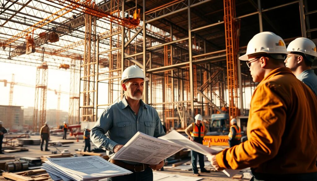 A bustling construction site, with hard-hatted engineers poring over blueprints and overseeing the assembly of a towering steel frame. In the foreground, a project manager gestures animatedly, coordinating the efforts of the team. The background is a haze of cranes, scaffolding, and the steady hum of machinery, conveying the complex choreography of structural engineering. Warm, directional lighting casts dramatic shadows, highlighting the focus and determination of the professionals at work. The scene captures the pivotal role of project management in bringing grand architectural visions to life through meticulous planning, organization, and execution.
