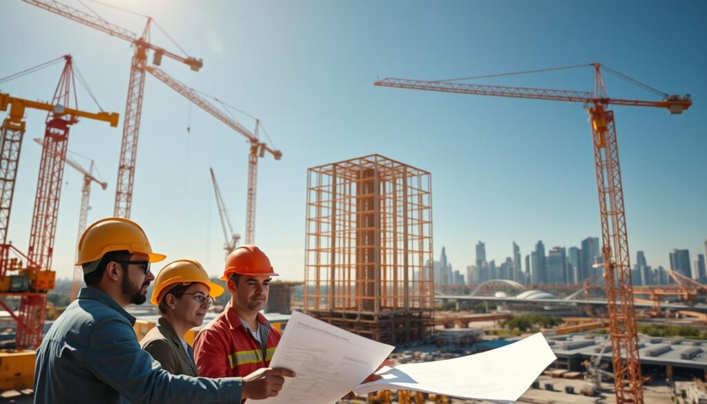 A bustling construction site with towering cranes and heavy machinery, symbolizing the dynamic career prospects in civil engineering. In the foreground, a team of engineers in hard hats collaborating on blueprints, their expressions focused and determined. The middle ground features a partially completed building, its skeletal frame rising against a clear, blue sky. In the background, a skyline of modern high-rises and bridges, hinting at the vast infrastructure projects awaiting civil engineering graduates. The scene is illuminated by warm, golden sunlight, conveying a sense of opportunity and potential.