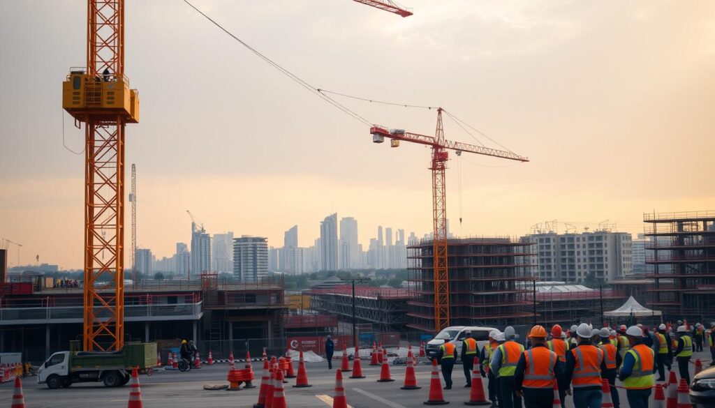 A bustling construction site, with workers donning hard hats and high-visibility vests, meticulously implementing safety protocols. In the foreground, a tower crane towers overhead, its arm gracefully arching over the site. Cones and barriers line the perimeter, guiding pedestrians and vehicles through the organized chaos. The middle ground reveals a series of scaffolding structures, their intricate frameworks providing secure platforms for workers. In the background, a towering skyline of half-completed buildings serves as a backdrop, conveying a sense of progress and industry. Warm, diffused lighting casts a soft glow over the scene, enhancing the sense of diligence and care taken to ensure the safety of all on-site personnel.