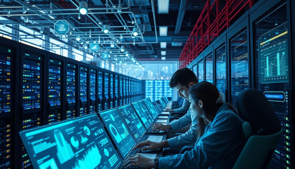 A bustling data center, filled with glowing servers and blinking lights, set against a backdrop of futuristic skyline. In the foreground, a team of analysts pore over interactive data visualizations, their faces illuminated by the glow of holographic displays. Subtle hues of blue and green cast an ethereal glow, while sleek, modern furniture and equipment lend an air of technological sophistication. Overhead, a network of interconnected IoT devices gather and transmit real-time data, feeding the analytical workflows below. The scene conveys the power and importance of data-driven decision making in the world of IoT engineering.