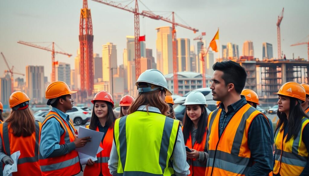 A bustling, dynamic scene showcasing the civil engineering job market for beginners. In the foreground, a group of eager young professionals in hard hats and high-visibility vests, engaged in discussions and collaborative tasks, symbolizing the vibrant opportunities available. The middle ground features a towering construction site, cranes, and blueprints, conveying the technical expertise required. In the background, a cityscape of gleaming skyscrapers and infrastructure projects, illuminated by warm, golden lighting, evoking a sense of progress and growth within the industry. The overall atmosphere exudes a blend of energy, innovation, and the promise of a rewarding career path for those entering the field of civil engineering.