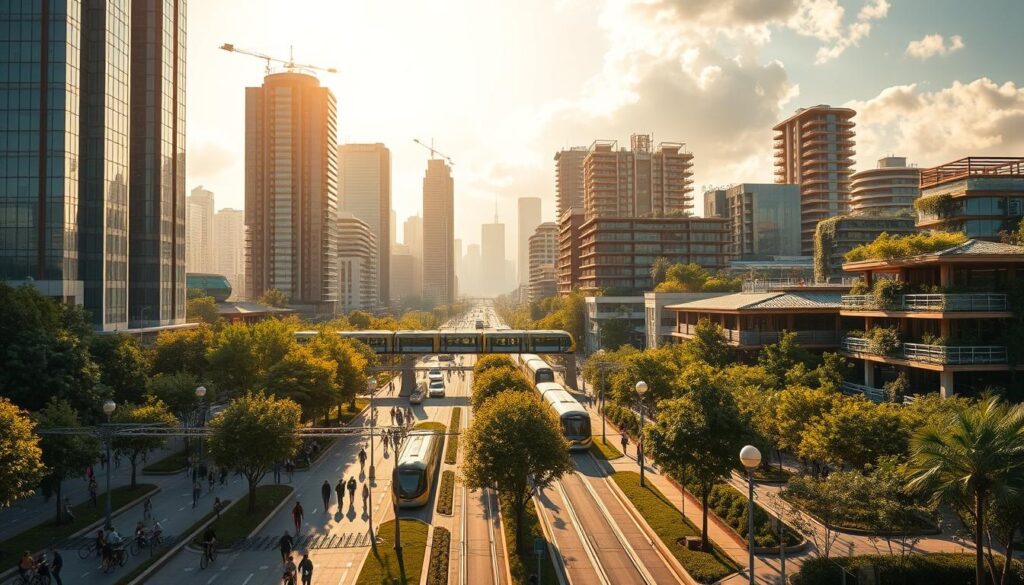 A bustling, eco-friendly cityscape with towering skyscrapers made of sustainable materials like glass and timber. In the foreground, pedestrians and cyclists navigate wide, tree-lined avenues adorned with solar-powered streetlamps. The middle ground features a network of public transportation, including electric trams and monorails gliding seamlessly between modern, green-roofed buildings. In the background, sprawling urban gardens and vertical farms blend harmoniously with the architecture, bathed in warm, golden sunlight filtering through wispy clouds. The overall scene conveys a sense of harmony between human habitation and the natural environment, showcasing the integration of sustainable urban planning principles.