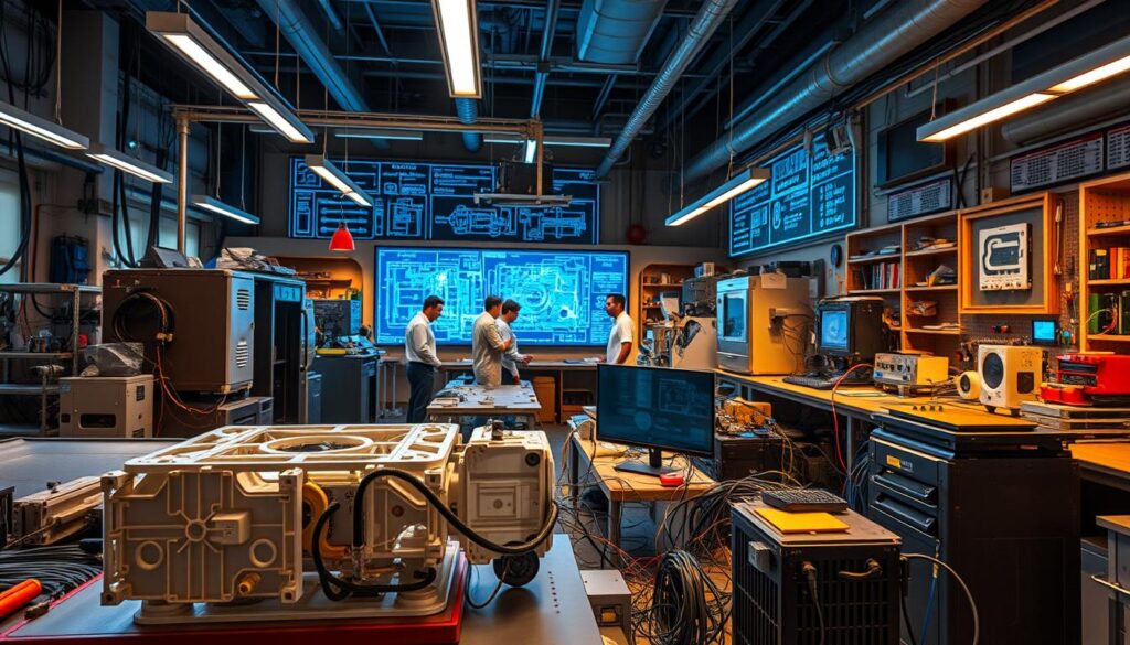A bustling engineering lab, filled with intricate machinery, vibrant holograms, and teams of scientists brainstorming solutions. In the foreground, a 3D-printed prototype takes shape, its complex contours and intricate components hinting at the challenges of modern innovation. The middle ground reveals a tangle of cables, circuit boards, and specialized tools, the tools of the trade for these engineering pioneers. In the background, a wall-sized display showcases a sprawling blueprint, a roadmap of the latest technological breakthroughs. Warm, focused lighting illuminates the scene, creating a sense of intense focus and creative energy. This is the crucible of engineering innovation, where the boundaries of possibility are constantly pushed.