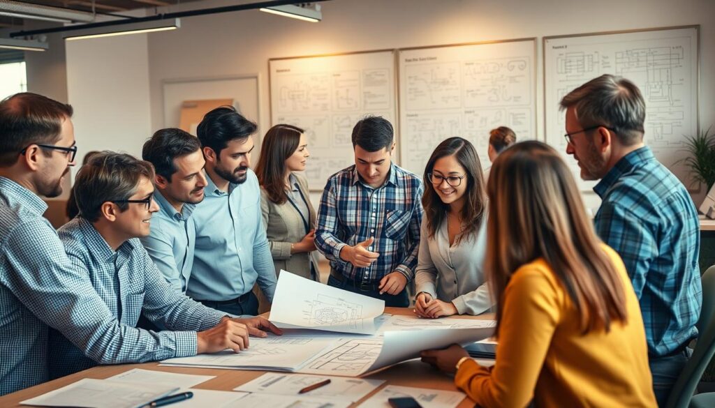A bustling engineering office, with engineers and stakeholders engaged in a collaborative discussion. The scene is bathed in warm, soft lighting, creating a welcoming atmosphere. In the foreground, a group of professionals gathered around a table, intently studying schematics and blueprints. Their expressions convey thoughtfulness and engaged dialogue. In the middle ground, colleagues are exchanging ideas, gesturing animatedly. The background features a large whiteboard filled with notes and diagrams, reflecting the dynamic nature of the engineering process. The overall composition suggests a harmonious balance between the various stakeholders, working together towards a common goal.
