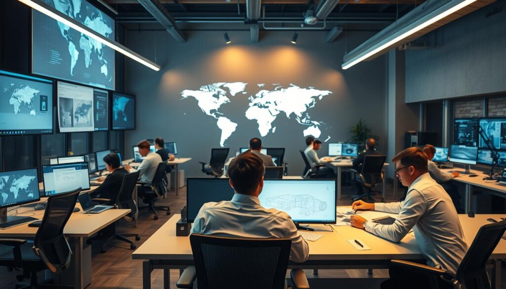 A bustling engineering office, with teams of professionals collaborating on blueprints and 3D models projected onto large screens. Sleek desks, ergonomic chairs, and state-of-the-art workstations create a modern, efficient workspace. The lighting is warm and focused, accentuating the concentration and dedication of the NGO engineers as they problem-solve and devise innovative solutions to address global challenges. In the background, a world map or globe symbolizes the far-reaching impact of their work, connecting them to communities in need around the world. The overall atmosphere conveys a sense of purpose, collaboration, and a commitment to using engineering expertise to drive positive change.