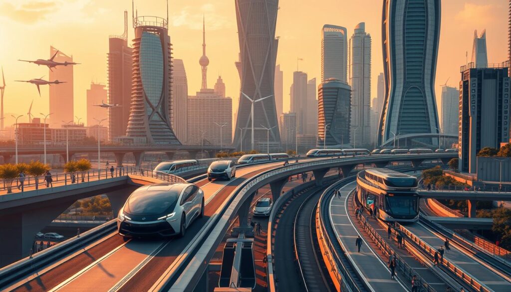A bustling futuristic cityscape, bathed in warm hues of orange and yellow. In the foreground, a sleek, autonomous electric vehicle glides silently along elevated roadways, seamlessly integrating with a network of hovering transport pods and flying taxis. In the middle ground, people effortlessly navigate the multimodal transit system, moving between high-speed maglev trains, automated shuttles, and AI-controlled bicycle docks. The background reveals towering skyscrapers with integrated solar panels, wind turbines, and vertical farming structures, all powered by a sustainable smart grid. An overarching sense of efficiency, connectivity, and environmental harmony pervades the scene, capturing the essence of future transportation planning.