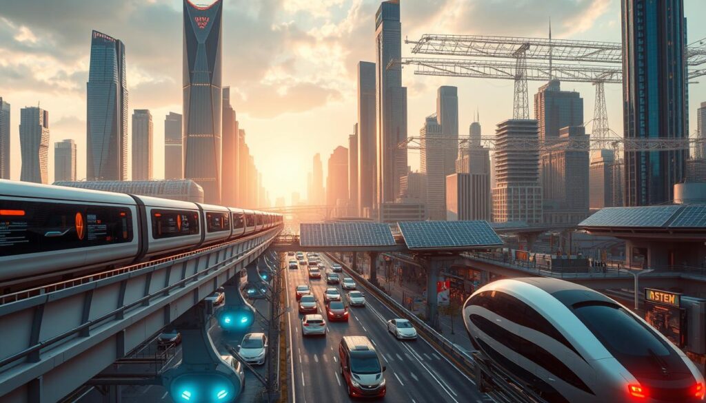 A bustling futuristic cityscape, with towering skyscrapers and sleek transportation systems. In the foreground, a network of elevated magnetic levitation trains glide effortlessly through the urban landscape, their streamlined silhouettes illuminated by warm, diffused lighting. In the middle ground, autonomous electric vehicles navigate the streets below, their smooth, aerodynamic forms seamlessly integrated into the urban fabric. In the background, a sprawling network of solar-powered infrastructure and renewable energy sources power the entire scene, casting a gentle, futuristic glow over the city. The overall atmosphere conveys a sense of technological progress, sustainability, and the seamless integration of STEM applications in everyday transportation.