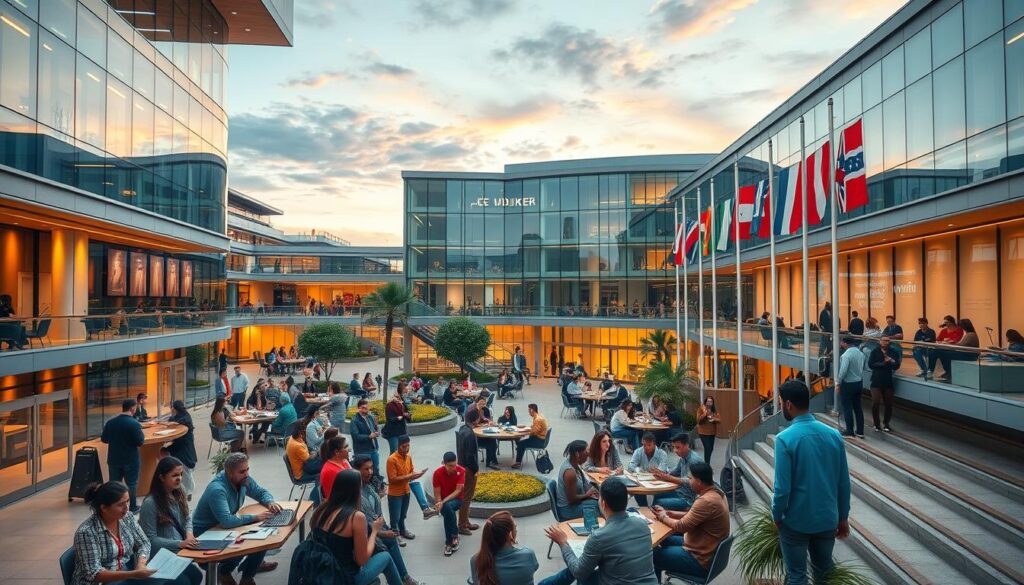 A bustling global campus, diverse students from around the world gathered, collaborating on cutting-edge engineering projects. Vibrant lecture halls with state-of-the-art equipment, professors guiding discussions on innovative technologies. In the open courtyard, students brainstorm solutions to pressing global challenges, flags from multiple nations waving gently in the breeze. Sleek, modern architecture frames the scene, glass and steel reflecting the sky's soft hues. Warm lighting casts a welcoming glow, conveying the spirit of intellectual curiosity and cross-cultural exchange that defines this hub of engineering education.