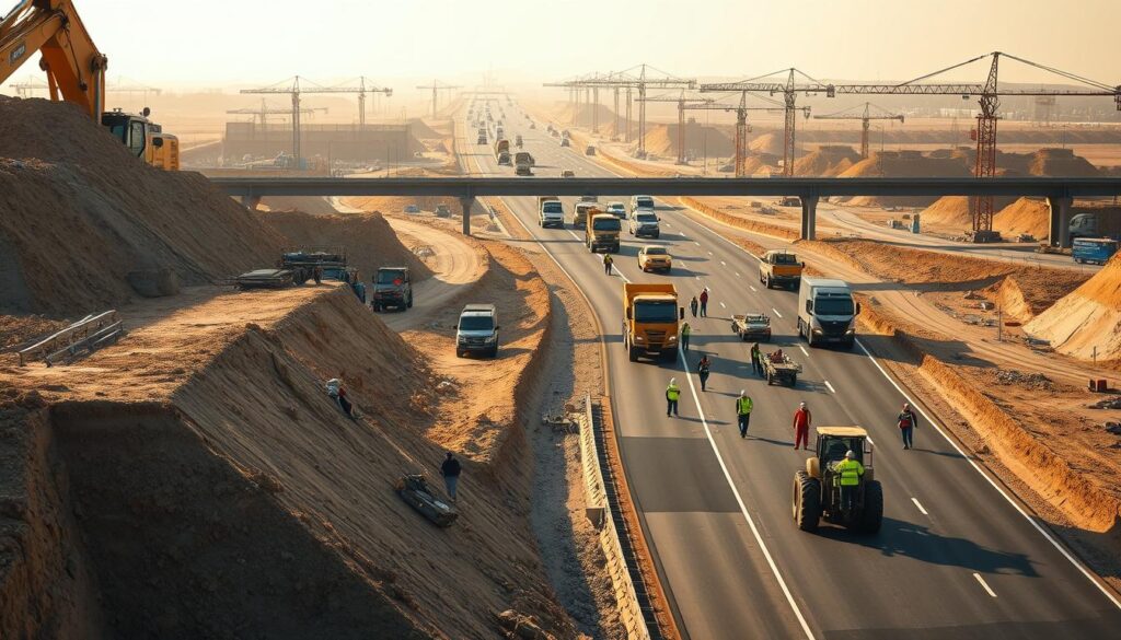 A bustling highway construction site, with a sprawling landscape of heavy machinery and workers in high-visibility gear. In the foreground, a massive excavator meticulously carves through the earth, exposing the underlying infrastructure. Mid-ground, construction workers skillfully lay down fresh asphalt, their movements choreographed with precision. In the background, towering cranes and engineering vehicles dot the horizon, creating a symphony of industrial power. Warm, golden sunlight filters through the haze, casting long shadows and a sense of progress and determination. The scene conveys the relentless commitment to building America's vital transportation networks, a testament to the expertise and diligence of the heavy civil construction industry.
