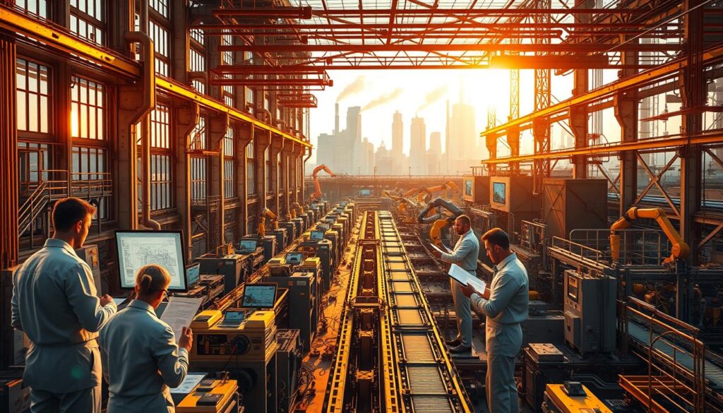 A bustling industrial complex, bathed in warm, golden light streaming through towering windows. In the foreground, a team of industrial engineers in crisp, white uniforms pore over intricate schematics, their faces illuminated by the glow of computer screens. The middle ground features an array of state-of-the-art machinery, conveyor belts, and robotic arms, all working in harmonious precision. In the background, a skyline of towering skyscrapers and smokestacks rises, symbolizing the scale and impact of industrial engineering. The atmosphere is one of high-tech efficiency, precision, and the promise of lucrative careers in this dynamic field.