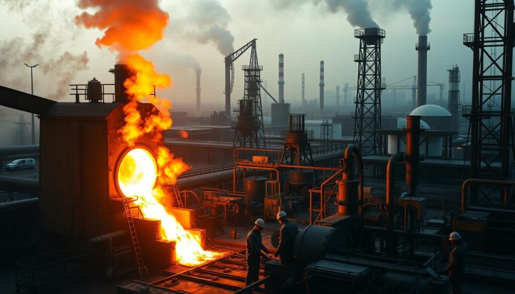 A bustling industrial scene showcasing the key metallurgical processes. In the foreground, a blast furnace casts an intense, fiery glow, molten metal pouring from its mouth. Nearby, workers clad in protective gear operate heavy machinery, shaping and refining the raw materials. In the middle ground, towering metal structures and cooling towers rise against a hazy, industrial skyline. The background is shrouded in wispy smoke, conveying the scale and complexity of the metallurgical operations. The lighting is dramatic, with strong contrast between the bright, fiery elements and the shadows, evoking the intense heat and energy of the processes. The overall atmosphere is one of precision, power, and technological progress.