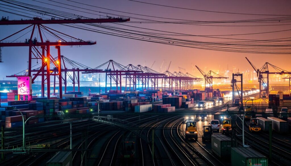 A bustling intermodal freight terminal with towering cranes, stacked shipping containers, and congested truck traffic. In the foreground, a complex web of railway tracks and tangled overhead power lines. In the middle ground, forklifts maneuvering cargo amid the chaos. In the background, a hazy urban skyline shrouded in the glow of industrial lighting. The scene conveys the challenges of coordinating multiple transportation modes - road, rail, and maritime - to efficiently move goods through the supply chain. The atmosphere is one of operational complexity, infrastructure constraints, and logistical bottlenecks.