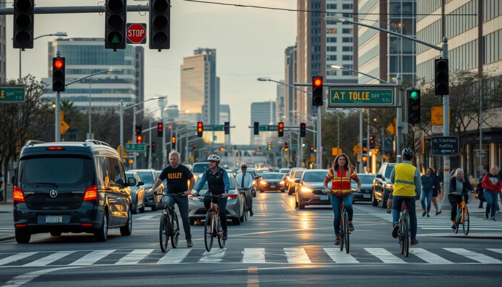 A bustling intersection with vehicles, pedestrians, and cyclists navigating the road. In the foreground, traffic signals and road signs provide clear guidance. In the middle ground, representatives from various organizations - transportation authorities, law enforcement, and community groups - collaborate, discussing strategies to enhance safety. The background features a modern cityscape, with well-lit streets and buildings, conveying a sense of progress and innovation. The scene is captured with a wide-angle lens, emphasizing the collaborative nature of the endeavor. The lighting is warm and inviting, creating a positive and hopeful atmosphere, reflecting the shared goal of making the roads safer for all.