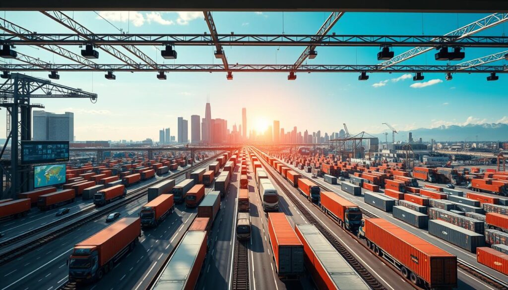 A bustling logistics center, with a network of roads, railways, and conveyor belts. In the foreground, a fleet of trucks and cargo containers are being efficiently managed by a team of logistics professionals. The middle ground showcases a control room, with large displays showing real-time data and analytics. In the background, a cityscape with towering skyscrapers and a clear blue sky, symbolizing the scale and complexity of modern transportation networks. Cinematic lighting and a wide-angle lens capture the dynamism and interconnectedness of this optimized logistics ecosystem.