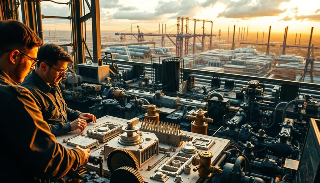 A bustling mechanical engineering workshop, bathed in warm, golden lighting. In the foreground, a team of engineers collaborate over a detailed CAD model, their faces illuminated by the glow of computer screens. In the middle ground, a maze of gears, valves, and intricate machinery suggests the diverse career paths available. The background reveals a panoramic view of a modern industrial facility, with towering cranes and smokestacks hinting at the thriving job market for mechanical engineers. The overall scene conveys the excitement, innovation, and endless possibilities of a mechanical engineering career.