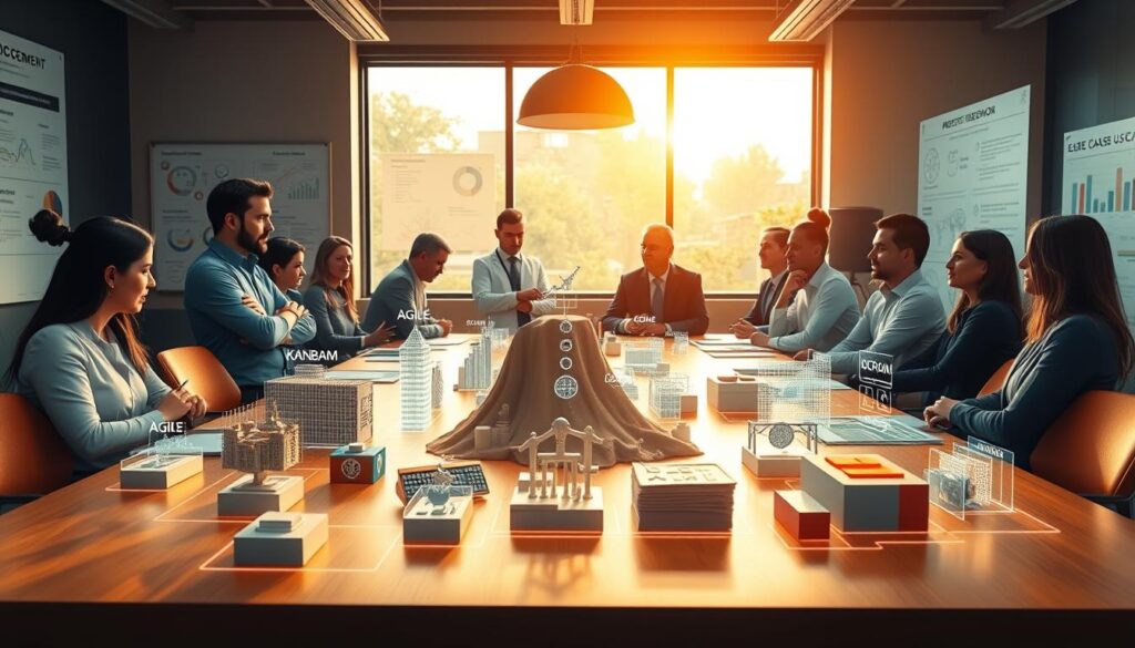A bustling meeting room, illuminated by warm, natural light filtering through large windows. On the table, various project management methodologies are displayed as detailed, holographic models - Agile, Waterfall, Scrum, Kanban, and more. The models float and rotate, inviting hands-on exploration. The walls are adorned with informative infographics comparing the strengths, weaknesses, and use cases of each methodology. Researchers and project managers gather around, engaged in lively discussions, their expressions reflecting the gravity and complexity of the decision-making process. A sense of professional contemplation permeates the scene, as the room's occupants weigh the nuances of these diverse project management approaches.