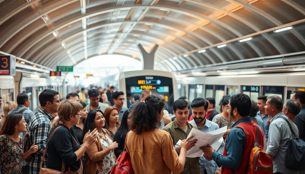 A bustling metro station, the heart of a thriving community. In the foreground, a diverse group of residents engaged in lively discussions, gesturing animatedly as they explore innovative engineering solutions for their neighborhood. The middle ground showcases a team of metro engineers, their sleeves rolled up, collaborating with local stakeholders, blueprints in hand. In the background, the sleek, modern architecture of the station is illuminated by warm, natural lighting, creating a welcoming atmosphere. The scene conveys a sense of collaboration, innovation, and a shared commitment to improving the urban landscape through thoughtful metro engineering and community engagement.