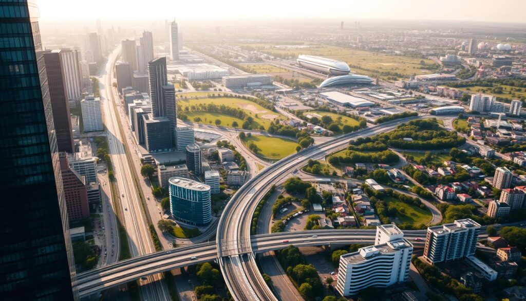 A bustling metropolis, its towering skyscrapers and intricately woven streets captured in a sweeping aerial view. In the foreground, a network of public transportation routes, buses, and light rail lines interconnect neighborhoods, enabling seamless mobility. The middle ground showcases carefully planned residential and commercial districts, each with its own distinct architectural style and purpose. In the background, verdant parks and green spaces punctuate the urban landscape, providing respite and a connection to nature. The scene is illuminated by a warm, golden hour glow, casting a serene and inviting atmosphere over the thriving, well-designed community.
