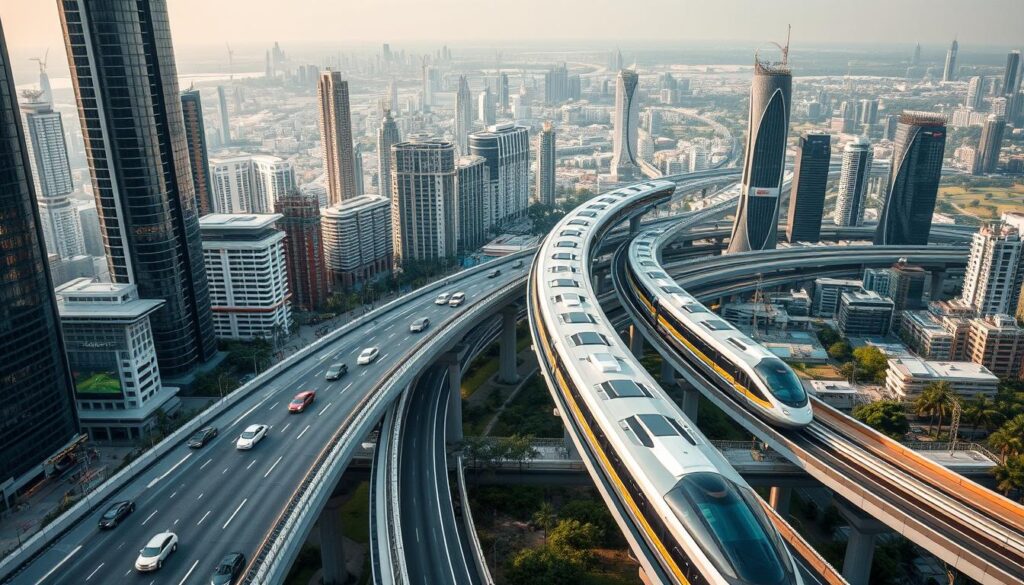 A bustling metropolis of towering skyscrapers and sleek, futuristic transport systems. In the foreground, autonomous electric vehicles glide along seamless, elevated highways, their smooth movements guided by intricate traffic management algorithms. In the middle ground, a network of high-speed magnetic levitation trains zip through the cityscape, their sleek, aerodynamic designs cutting through the air with efficiency. In the background, a sprawling network of green spaces, renewable energy hubs, and integrated urban planning solutions come together to create a harmonious, sustainable ecosystem. Subtle lighting casts a warm, inviting glow, while the camera angle captures the grand, visionary scale of this innovative, technologically-advanced smart city.
