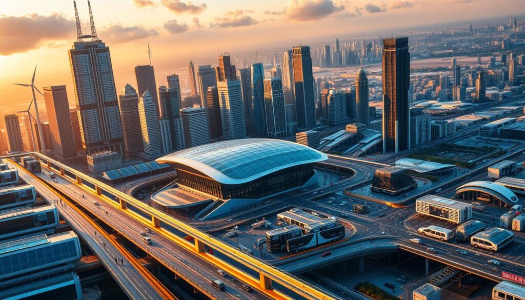 A bustling metropolis skyline at golden hour, with towering skyscrapers adorned with gleaming solar panels and wind turbines. In the foreground, a sprawling transportation hub teeming with self-driving electric vehicles, drone deliveries, and people walking along elevated walkways. The middle ground features a smart grid control center, its holographic interfaces and data visualizations reflecting off the sleek, futuristic architecture. In the background, a sprawling network of sensors and IoT devices integrated seamlessly into the urban landscape, monitoring everything from energy usage to traffic flow. The scene is bathed in a warm, futuristic glow, conveying a sense of technological harmony and progress.