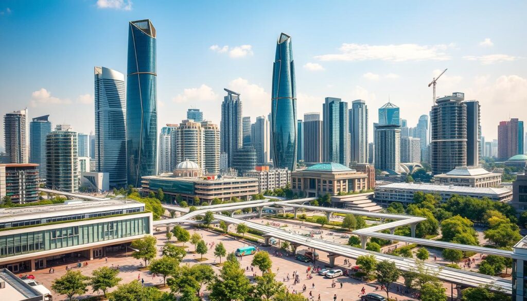 A bustling metropolis skyline with towering eco-friendly skyscrapers, their sleek facades adorned with solar panels and lush greenery. In the foreground, a vibrant urban plaza bustles with pedestrians and cyclists, surrounded by modern, energy-efficient buildings featuring sustainable materials and cutting-edge architectural designs. The middle ground showcases innovative transportation hubs, including electric vehicle charging stations and elevated train platforms. The background reveals a network of interconnected parks, gardens, and green corridors, all seamlessly integrated into the urban landscape. Warm, diffused lighting casts a welcoming glow, while a sense of optimism and progress permeates the scene, capturing the essence of resilient urban design for the future.