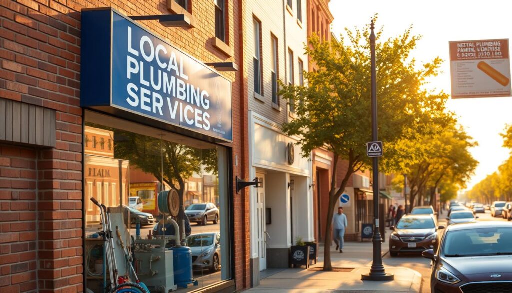 A bustling neighborhood street, with a sign for "Local Plumbing Services" prominently displayed on a storefront. The building has a classic brick facade, with a large window showcasing various plumbing tools and equipment. The sidewalk is lined with cars and pedestrians, creating a sense of a thriving local community. Warm, golden sunlight filters through the scene, casting gentle shadows and highlighting the details of the storefront. The overall atmosphere conveys a feeling of professionalism, reliability, and the availability of trusted plumbing expertise within the local area.