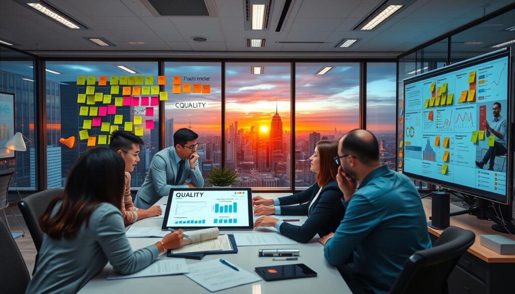 A bustling office interior with a focus on quality management processes. In the foreground, a team of professionals gathered around a table, intently examining quality control documents and metrics displayed on a large digital dashboard. The middle ground features a wall of brightly colored sticky notes, organized into various quality assurance frameworks and methodologies. In the background, a panoramic window offers a view of a city skyline, bathed in the warm glow of a setting sun, symbolizing the successful completion of a project. The scene is illuminated by a combination of natural and warm, focused lighting, creating a sense of productivity and collaboration. The overall atmosphere conveys a commitment to excellence, continuous improvement, and a well-structured quality management system.
