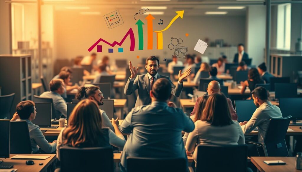 A bustling office scene, with desks and chairs arranged in a dynamic, asymmetrical layout. In the foreground, a group of employees engaged in a heated discussion, their body language conveying a sense of resistance and hesitation. Multicolored arrows and diagrams float above them, representing the process of change management. The middle ground features a lone executive, hands raised in a calming gesture, attempting to guide the team through the transition. Warm, diffused lighting casts a contemplative, almost moody atmosphere, while the background is blurred, emphasizing the focus on the central narrative. The scene conveys the challenges and complexities of overcoming resistance to change in the workplace.