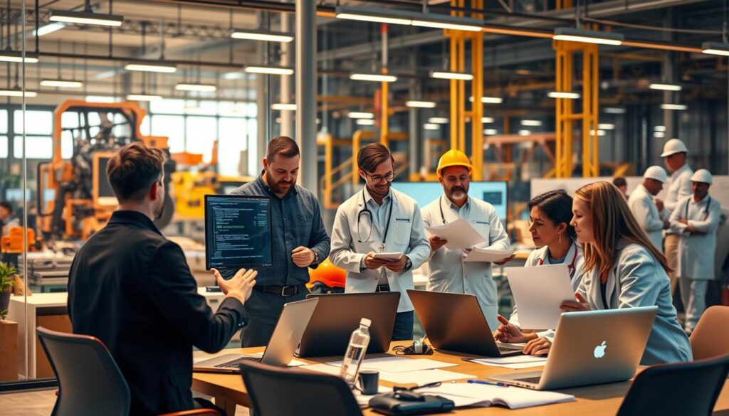 A bustling office scene, with project managers overseeing diverse industries. In the foreground, a team of professionals gathered around a conference table, laptops open and hands gesturing as they collaborate on a construction project. In the middle ground, a software engineer reviews code on a dual-monitor setup, while a healthcare administrator discusses patient records with a nurse. The background features an assembly line in a manufacturing plant, and a group of engineers inspecting blueprints on a construction site. Warm, directional lighting illuminates the scene, creating a sense of productivity and professionalism. The composition is balanced, with a wide-angle lens capturing the dynamic energy of project management across various sectors.
