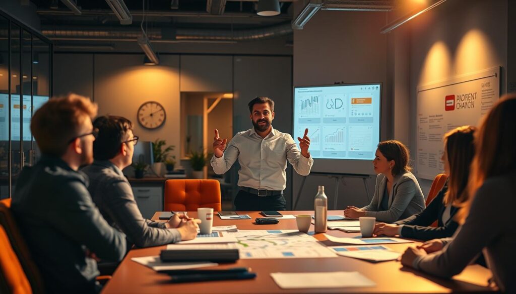 A bustling office setting, with a central figure standing at the head of a conference table, gesturing emphatically. Warm, directional lighting illuminates the scene, casting subtle shadows that convey a sense of purpose and urgency. The background is softly blurred, emphasizing the focal point - a project manager leading a team discussion, surrounded by charts, diagrams, and a digital whiteboard displaying key metrics. The overall atmosphere radiates the importance of effective project management, with a sense of collaboration, problem-solving, and strategic decision-making.