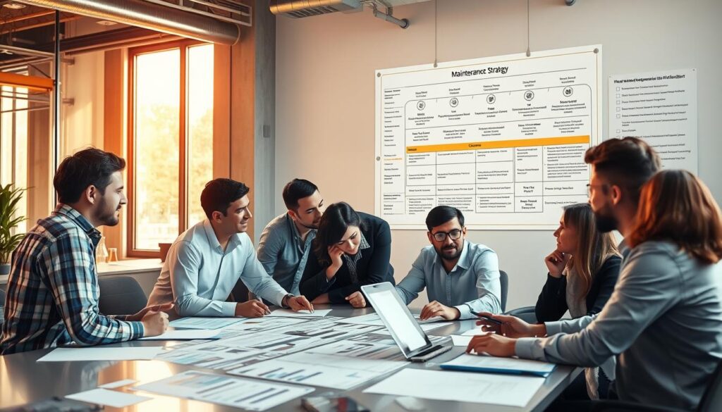 A bustling office setting, with employees collaborating at a large conference table. Vibrant lighting streams through floor-to-ceiling windows, casting a warm glow across the scene. On the wall, a detailed maintenance strategy blueprint is displayed, its various components and timelines meticulously laid out. In the foreground, a diverse team of engineers, technicians, and managers engage in animated discussions, brainstorming ways to optimize their maintenance processes and foster a culture of proactive care. The atmosphere is one of focused intensity, as they work together to develop a comprehensive plan that will drive long-term cost savings and operational efficiency.