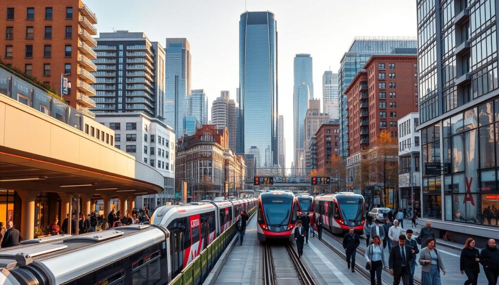 A bustling, pedestrian-friendly cityscape with a modern transit hub at its center. In the foreground, commuters briskly move through a well-designed station, with sleek trains and trams arriving and departing on elevated tracks. The middle ground showcases a mix of mid-rise residential and commercial buildings, their facades adorned with energy-efficient design elements. In the background, towering skyscrapers reach for the sky, their glass and steel forms bathed in warm, golden sunlight. The overall atmosphere conveys a sense of efficiency, connectivity, and sustainable urban living, reflecting the principles of successful transit-oriented development.