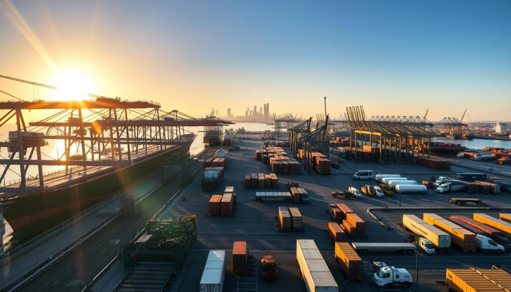A bustling port at dawn, sun's rays casting a warm glow over the scene. In the foreground, towering container ships unload their cargo, cranes and forklifts orchestrating the rhythmic flow of goods. The middle ground reveals a network of docks, piers, and warehouses, bustling with activity as trucks and trains transport the goods inland. In the background, the silhouettes of skyscrapers and industrial complexes dot the horizon, showcasing the port's role as a vital hub of global trade and commerce. The scene is captured through a wide-angle lens, emphasizing the scale and importance of port operations in facilitating the movement of goods around the world.