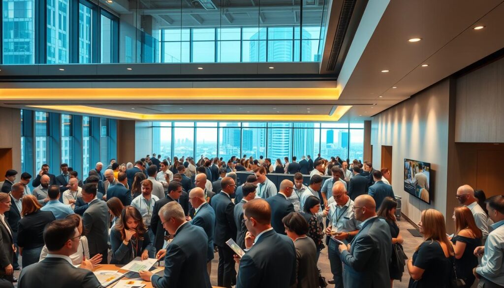A bustling professional networking event in a modern conference center, with civil engineers engaged in lively discussions. In the foreground, a group of engineers in formal attire clustered around a table, exchanging business cards and schematics. The middle ground features a diverse array of attendees mingling, some gesturing animatedly while others listen intently. Overhead, the venue is illuminated by warm, recessed lighting, casting a soft glow on the scene. The background showcases the sleek, minimalist architecture of the space, with floor-to-ceiling windows offering glimpses of the cityscape beyond. An atmosphere of collaboration, innovation, and professional camaraderie permeates the environment.