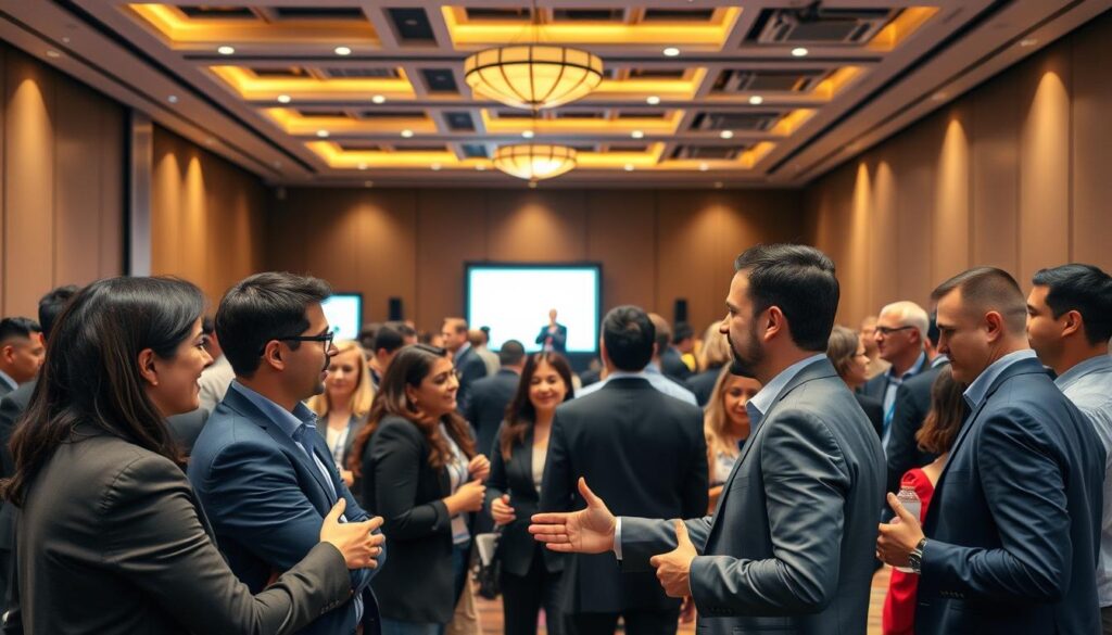 A bustling professional networking event in a modern conference hall. In the foreground, a group of smartly dressed individuals engage in animated conversation, hands extended in a friendly handshake. The middle ground features a well-lit stage with a speaker addressing the audience, their presentation slides projected on a large screen behind them. The background is filled with the warm glow of recessed lighting, casting a sophisticated ambiance over the scene. The overall atmosphere conveys a sense of connection, collaboration, and opportunity for career advancement.