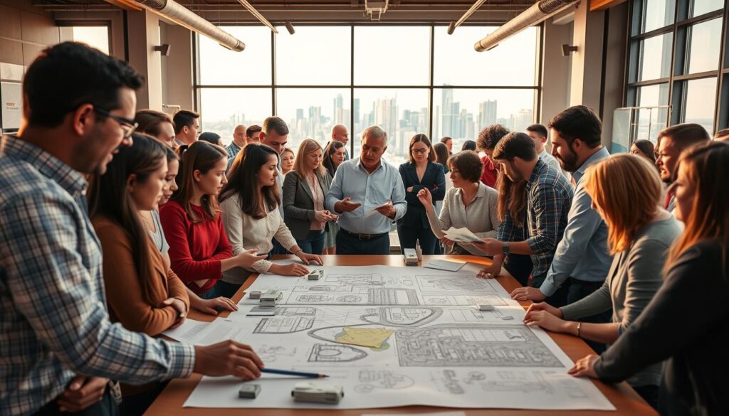 A bustling public forum with engaged citizens collaborating on infrastructure plans. In the foreground, a diverse group of people - young and old, professionals and community members - gathered around a large table, examining blueprints and models. Warm, directional lighting casts a soft glow, highlighting their thoughtful expressions as they discuss and debate design ideas. In the middle ground, technical experts present their findings, gesturing to detailed schematics projected on a screen. The background reveals an open, airy space with large windows, allowing natural light to flood in and a view of the city skyline beyond, symbolizing the connection between the community's vision and the final urban landscape.