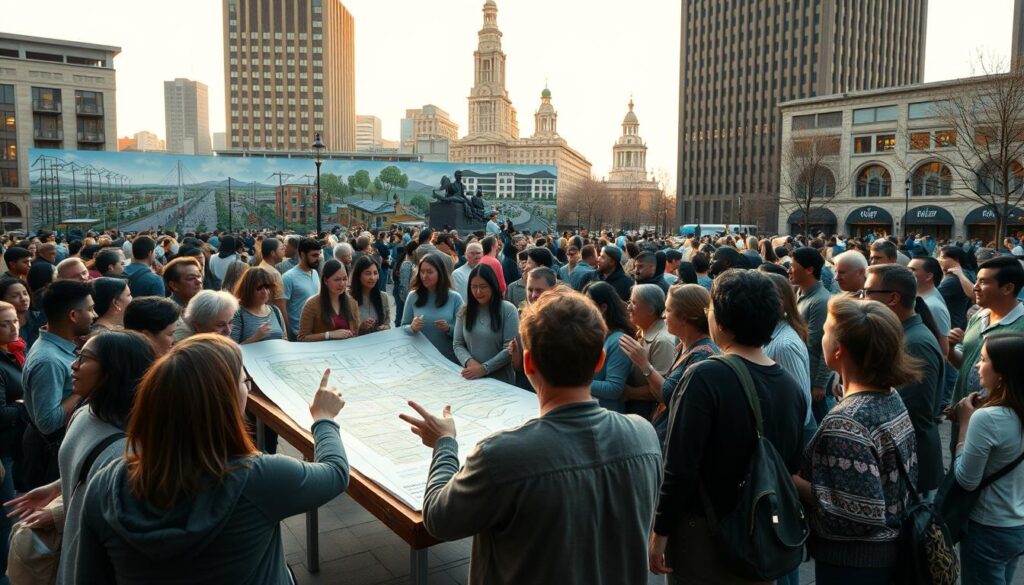 A bustling public square, citizens gathered in animated discussion, plans and blueprints unfurled on a central table. In the foreground, a diverse group of community members - young and old, diverse backgrounds - engaged in lively dialogue, hands gesturing passionately. The midground reveals a mural depicting scenes of sustainable infrastructure - renewable energy, public transit, green spaces. In the background, iconic civic buildings stand tall, casting warm, golden light across the scene. The atmosphere is one of collaboration, empowerment and a shared vision for a more sustainable future. Soft, diffused lighting illuminates the scene, creating a sense of unity and purpose.