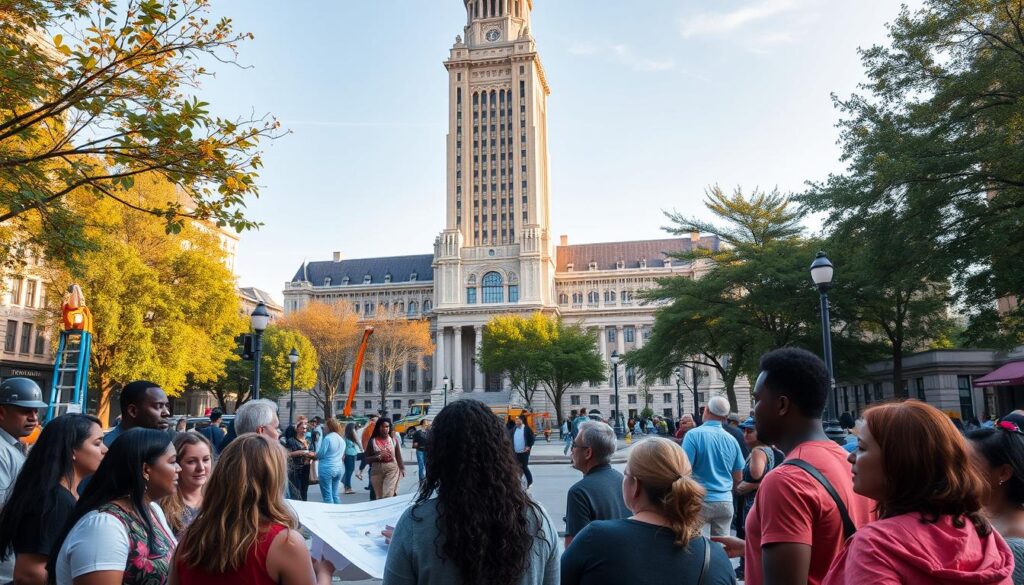 A bustling public square, vibrant with community engagement. In the foreground, a group of diverse residents collaborate on engineering plans for a new park, their expressions animated as they discuss ideas. In the middle ground, a public works crew installs new lighting fixtures, their work illuminated by warm, natural light filtering through the trees. In the background, a towering civic building stands as a symbol of the community's commitment to infrastructure development, its facade adorned with intricate architectural details. The scene conveys a sense of collective purpose, as citizens and municipal workers unite to shape the shared public spaces that define their neighborhood.