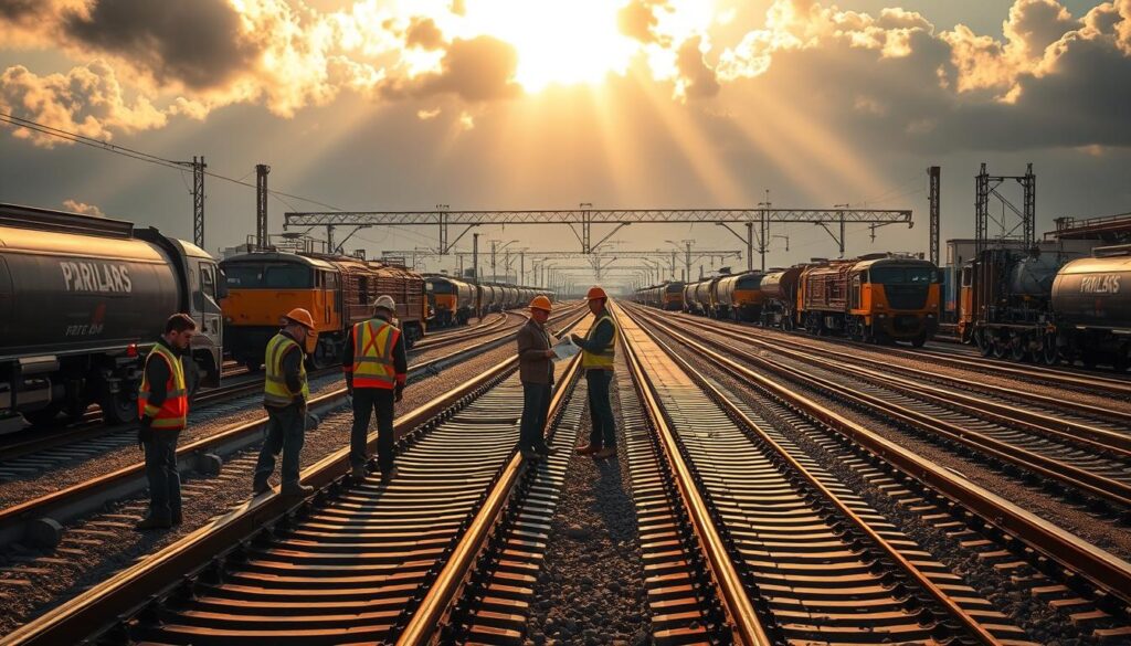 A bustling railway maintenance yard, illuminated by warm, golden sunlight streaming through clouds. In the foreground, workers in high-visibility gear meticulously inspect the tracks, using specialized tools to detect and repair any imperfections. In the middle ground, a team of engineers study detailed schematics, coordinating maintenance efforts to ensure the efficient and reliable operation of the rail network. In the background, a fleet of maintenance vehicles and equipment stand ready, their gleaming surfaces reflecting the scene. The atmosphere conveys a sense of diligence, technical expertise, and a steadfast commitment to maintaining the integrity of the rail infrastructure.