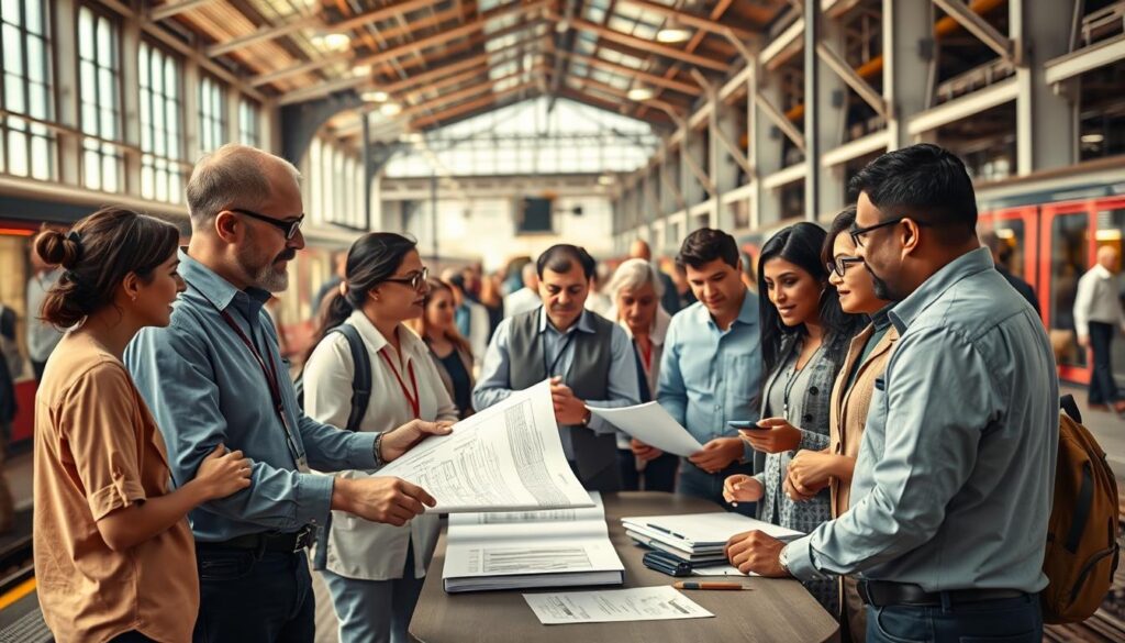 A bustling railway station with diverse stakeholders engaged in lively discussions. In the foreground, engineers and project managers review detailed plans, gesturing animatedly. The middle ground features commuters, local officials, and community representatives gathered around a table, collaborating on design proposals. The background showcases the station's modern architecture, with natural light streaming through large windows. Subtle warm lighting creates a sense of cooperation and progress. The scene conveys a spirit of inclusive decision-making, where multiple perspectives are considered to shape the future of the rail infrastructure.