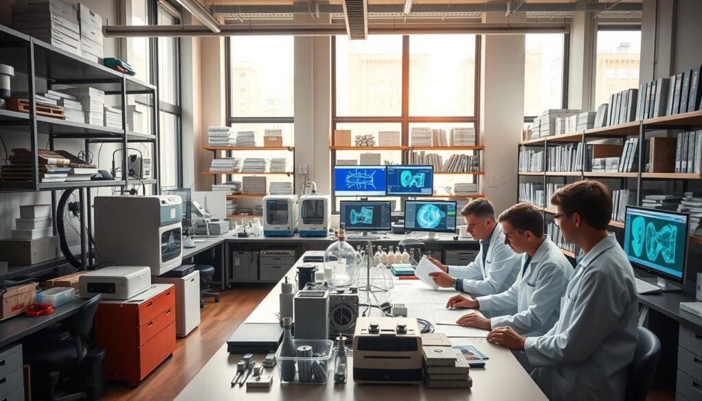 A bustling research laboratory, bathed in warm, diffused lighting from large windows. In the foreground, a group of engineers in white coats collaborate over a table, analyzing material samples and schematics. The middle ground showcases advanced testing equipment, 3D printers, and computer screens displaying complex simulations. In the background, shelves of material specimens and technical reference books create a sense of depth and academic rigor. The overall scene conveys a spirit of scientific inquiry, technical expertise, and cooperative problem-solving crucial to civil engineering materials innovation.