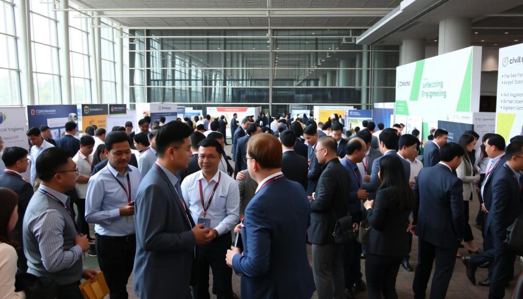 A bustling scene of civil engineering professional organizations, showcasing a diverse group of professionals engaged in lively discussions and networking. The foreground features individuals in business attire exchanging ideas and shaking hands, creating an atmosphere of collaboration and intellectual exchange. The middle ground showcases a range of booths and displays, highlighting the various organizations and their areas of expertise, such as structural design, infrastructure planning, and environmental sustainability. In the background, a modern, glass-enclosed conference center provides a sleek and sophisticated setting, with natural lighting streaming through the windows, illuminating the scene. The overall mood conveys a sense of professionalism, innovation, and the dynamic nature of the civil engineering field in Southeast Asia.