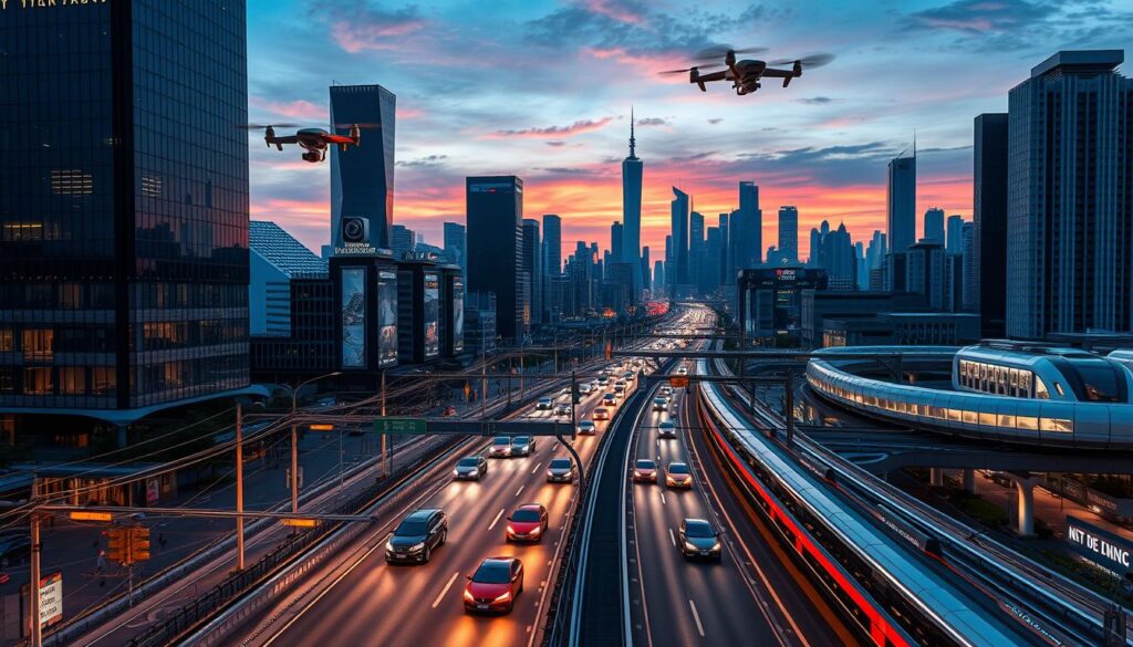 A bustling smart city at dusk, with futuristic skyscrapers, hovering drones, and self-driving cars navigating the sleek, well-lit roads. In the foreground, a network of intertwined cables and fiber optics connects intelligent traffic signals, renewable energy grids, and advanced urban infrastructure. The middle ground showcases innovative public transit systems, including elevated monorails and underground hyperloop stations. In the background, a skyline of gleaming towers is illuminated by a vibrant sunset, reflecting the city's commitment to sustainable development and technological progress. The scene conveys a sense of dynamic, integrated, and forward-thinking urban design.