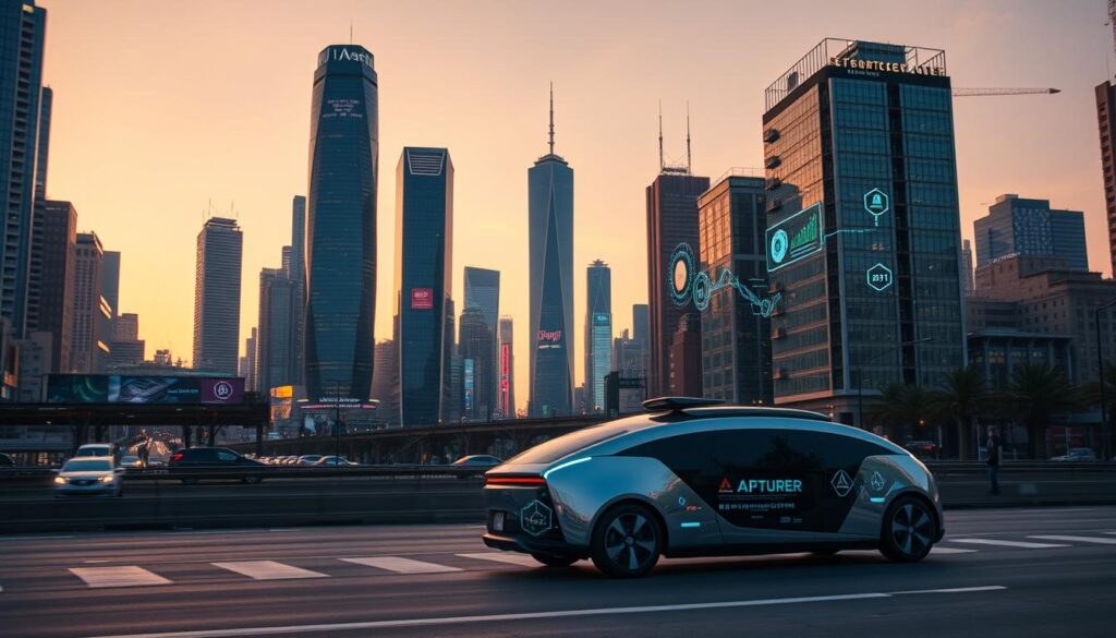A bustling smart city skyline at dusk, with towering skyscrapers and glowing futuristic infrastructure. In the foreground, a sleek, chrome-accented AI-powered autonomous vehicle navigates the streets, its sensors meticulously scanning the environment. Amidst the urban landscape, holographic displays and digital interfaces flicker to life, showcasing real-time data analytics and intelligent decision-making systems. The sky is tinted with warm hues, casting a serene glow over the scene, hinting at the harmonious integration of technology and city life. The overall atmosphere conveys a sense of progress, efficiency, and the transformative power of artificial intelligence in shaping the cities of tomorrow.